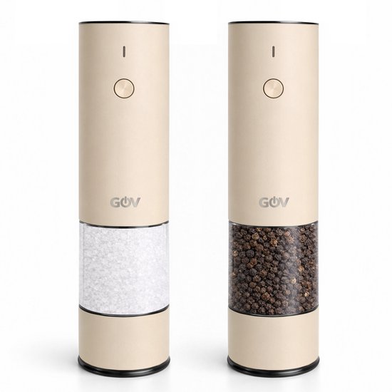 GOV® Peper- en Zoutstel Elektrisch - Beige - RVS Regular XL- Oplaadbaar - Pepermolen - Cadeau - Set- Roestvrijstaal - Keramische Maler - Verlichting - Zoutmolen
