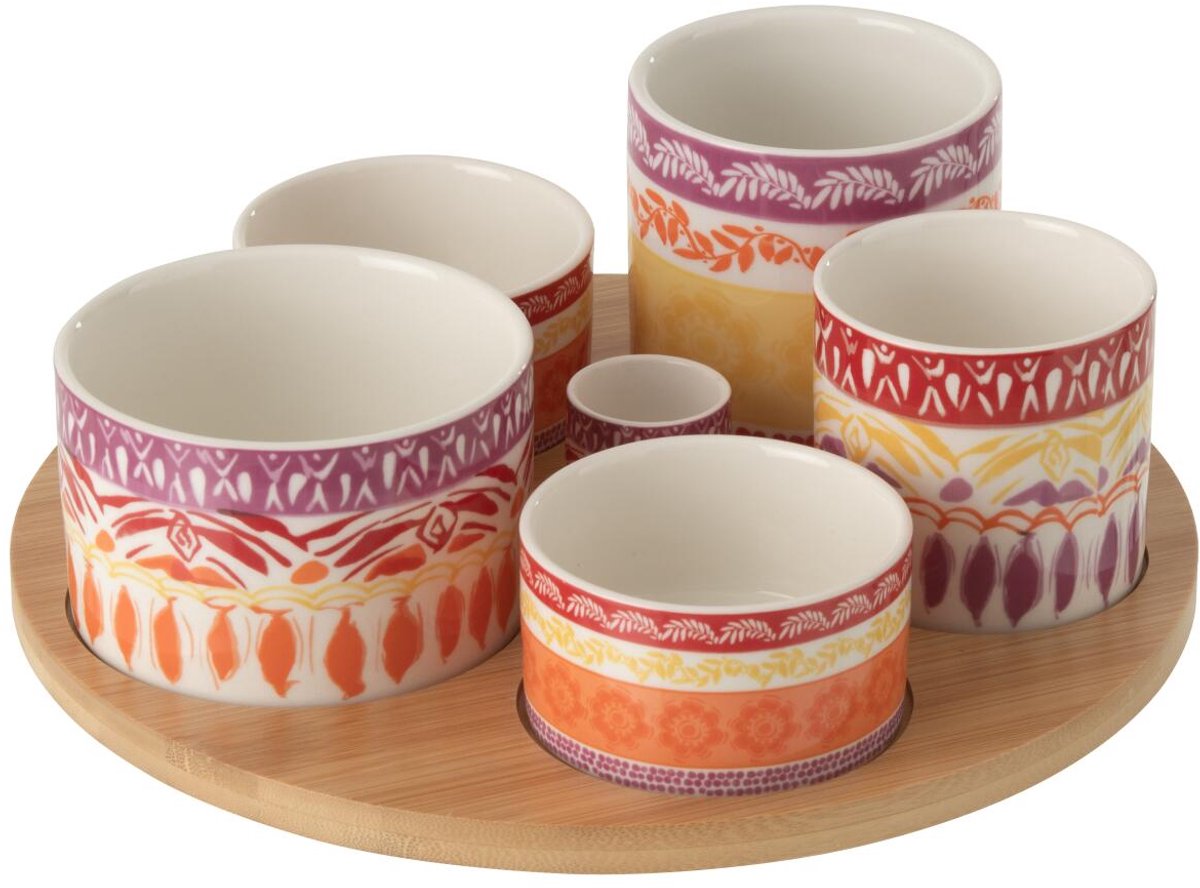 Serveerplateau met schaaltjes - Borrelset - Gekleurd - Keramiek Rood Paars Oranje Wit - Draaiend plateau - Tapas set - Plateau 30cm