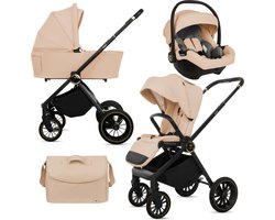 BabyLux® Kinderwagen 3in1 Set ROSSO, Beige, Opvouwbare Lichtgewicht Kinderwagenset Incl. Reiswieg, Buggy, I-Size Baby-Autostoeltje, Luiertas En Meer Accessoires, 4 Ligstanden, 0-22kg, Uv-Bescherming 50+
