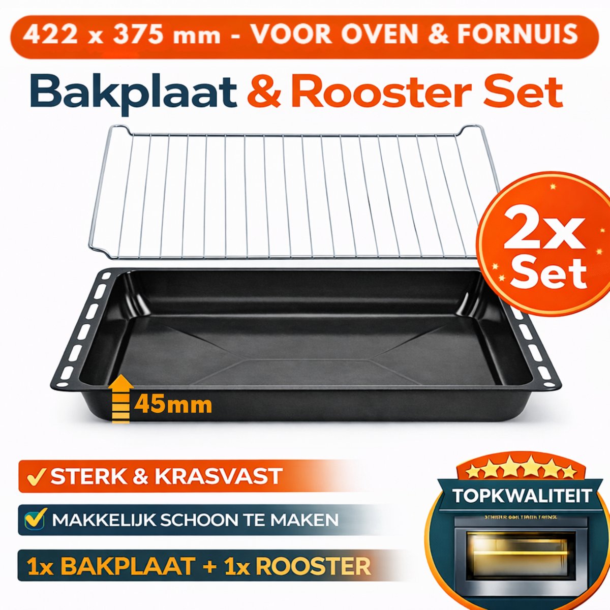 ICQN Diepe Ovenbakplaat 422x370x45 mm en Rooster 422x370 mm Set