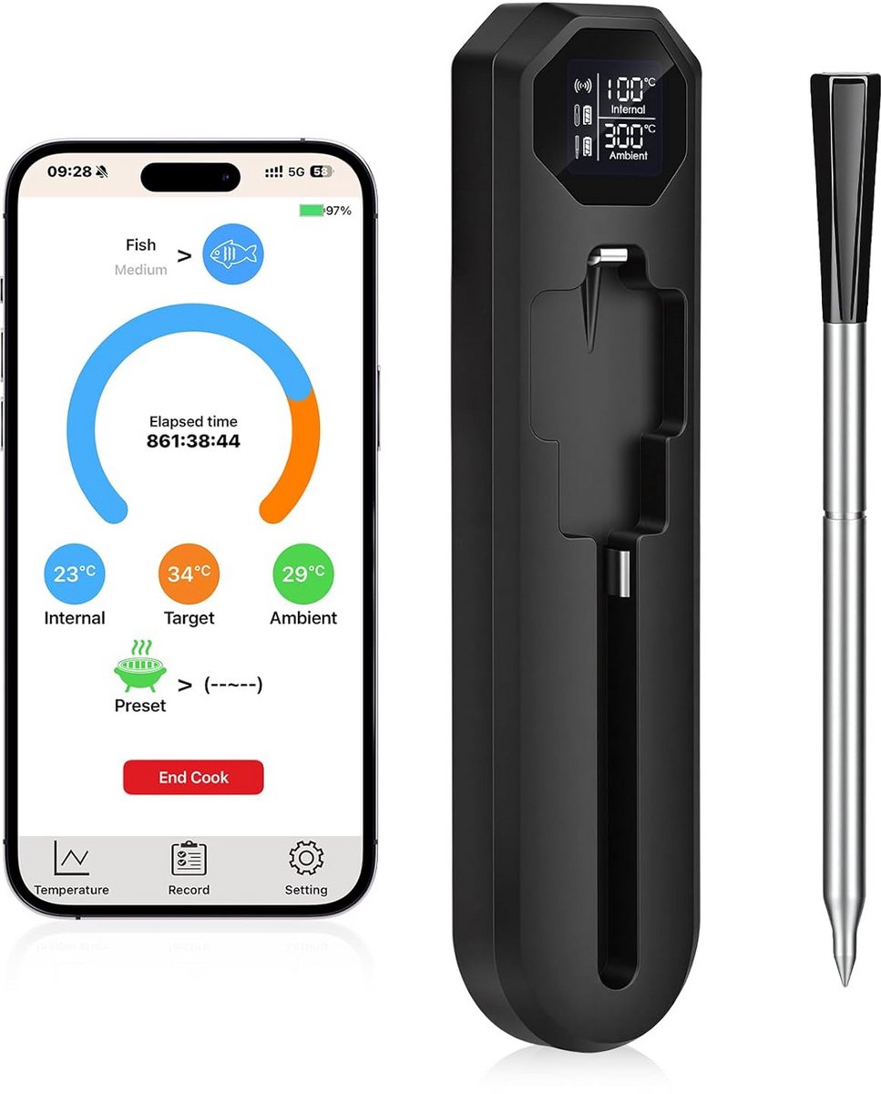 Draadloze Bluetooth Vleesthermometer met App en Groot Bereik