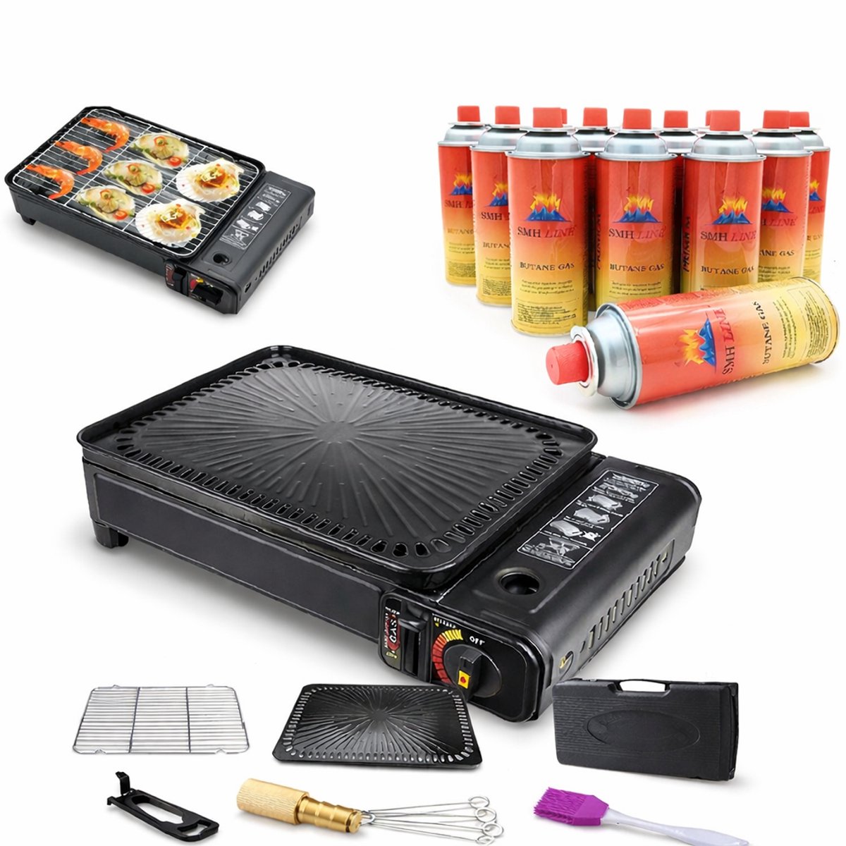 Bol.com SMH LINE® Draagbare Party Grill - Camping kooktoestel - Gas barbecue - Incl. 8x Gasflessen aanbieding