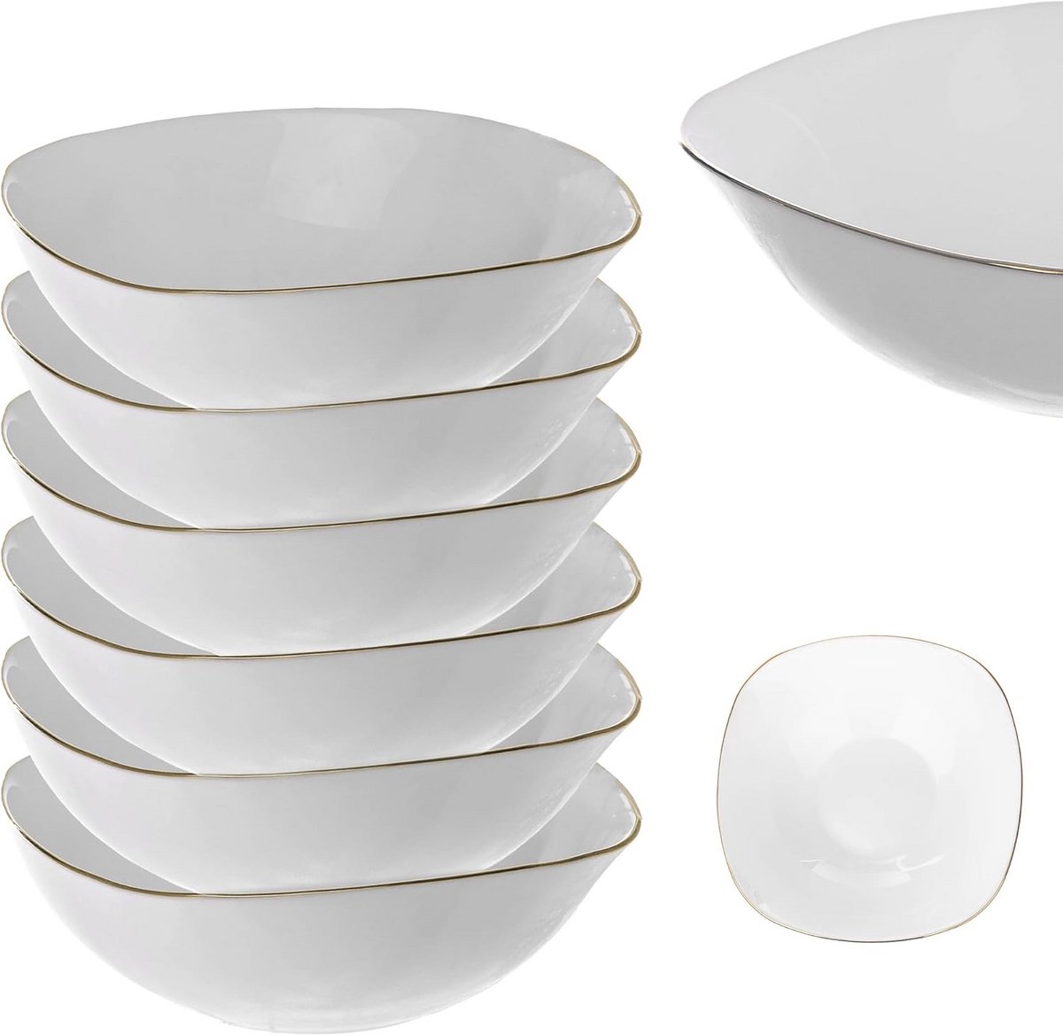 Set van 6 Witte Glazen Saladeschalen met Gouden Rand - Vierkant en Magnetronbestendig