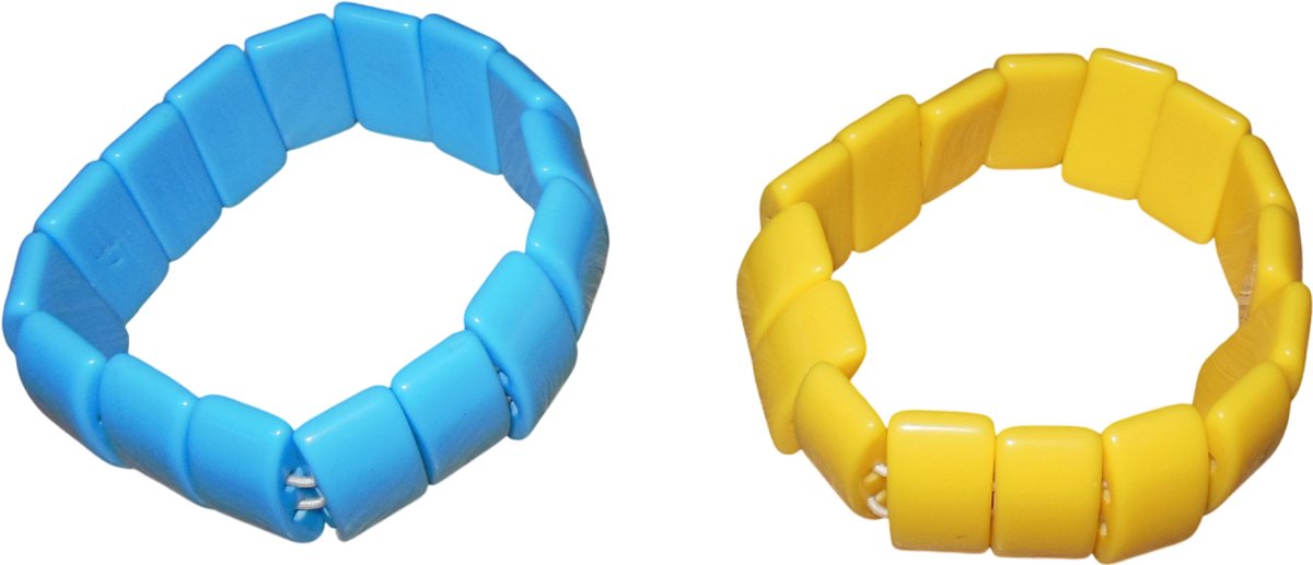 Armband blauw-geel rechthoekjes set van 2 stuks.