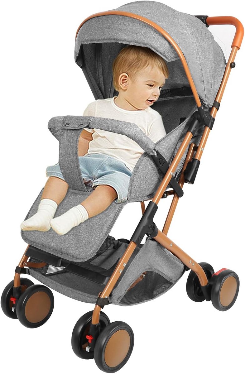 2-in-1 Kinderwagen met Rubberen Wielen, Flexibele Zitstand en Kleine Vouwmaat