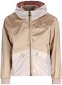 Veste dorée et blanche à capuche, doublure léopard et poignets en tricot beige.