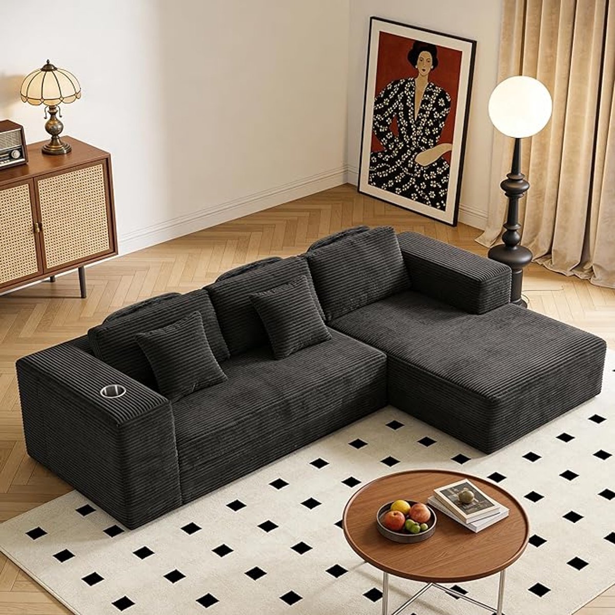 Hoekbank met Rechter Chaise Longue 257x175x59 cm – Zwarte Corduroy Slaapbank met 3 Nekkussens, Bekerhouder en Opbergvak – Diepe Zitting 67,5 cm – Modern L-Vorm Design – Cloud Comfort – Pauwhome