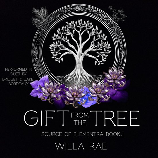 Albumhoes met een zilveren levensboom in een cirkel, omringd door paarse en blauwe bloemen. Titel: Gift from the Tree.