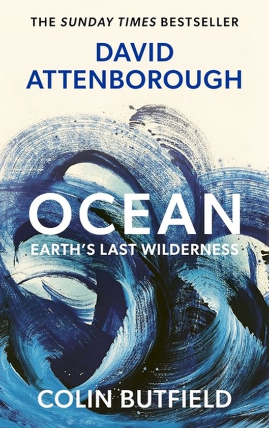 Boek 'Ocean' van David Attenborough, met een blauwe, verfachtige golf op de voorkant.