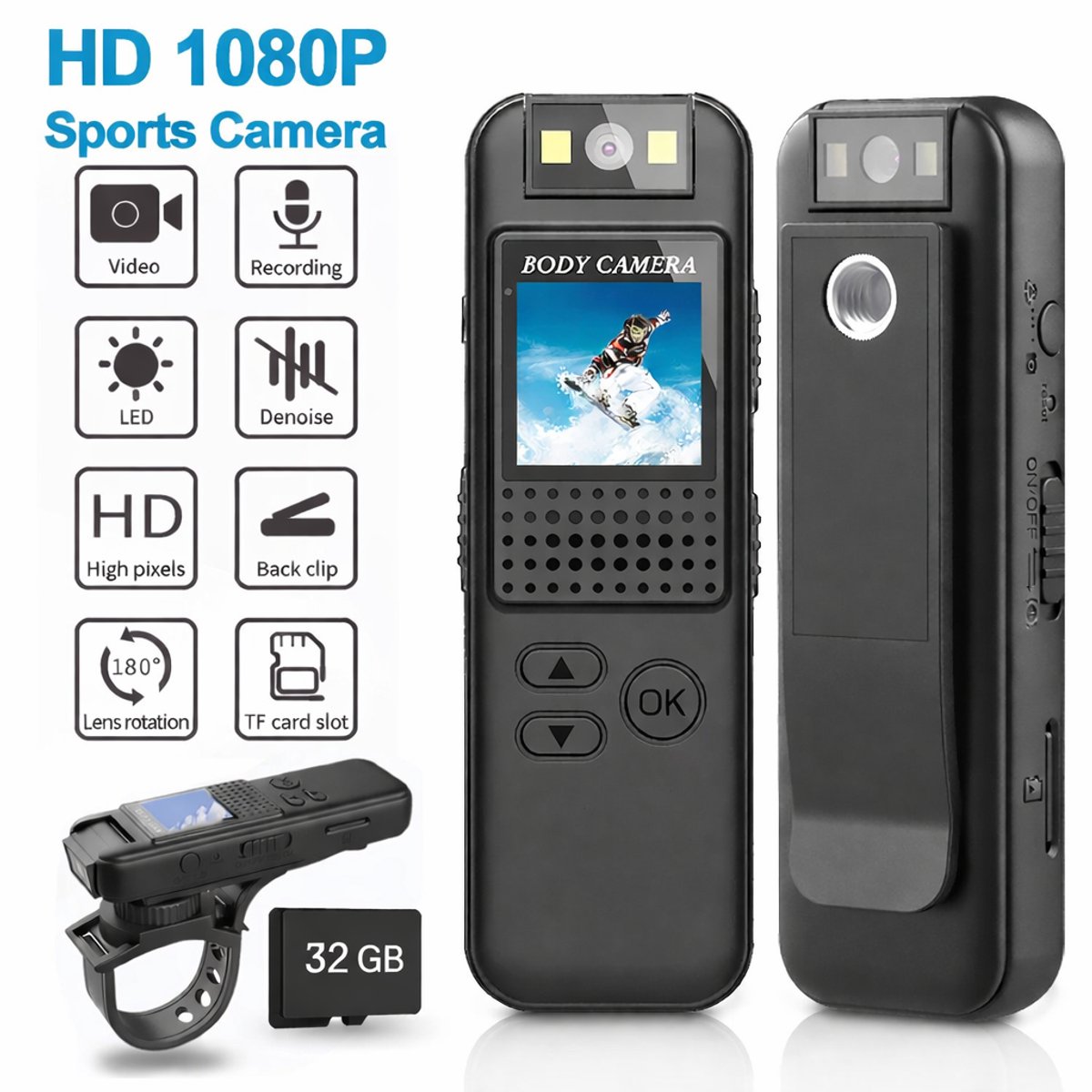 Jumalu Mini Action Camera 180° met Nachtzicht – Draagbare Full HD 1080p Sportcamera – Magnetische Fietscamera & Bodycam – WiFi – Incl. 32GB Geheugenkaart – Outdoor Vlog Camera