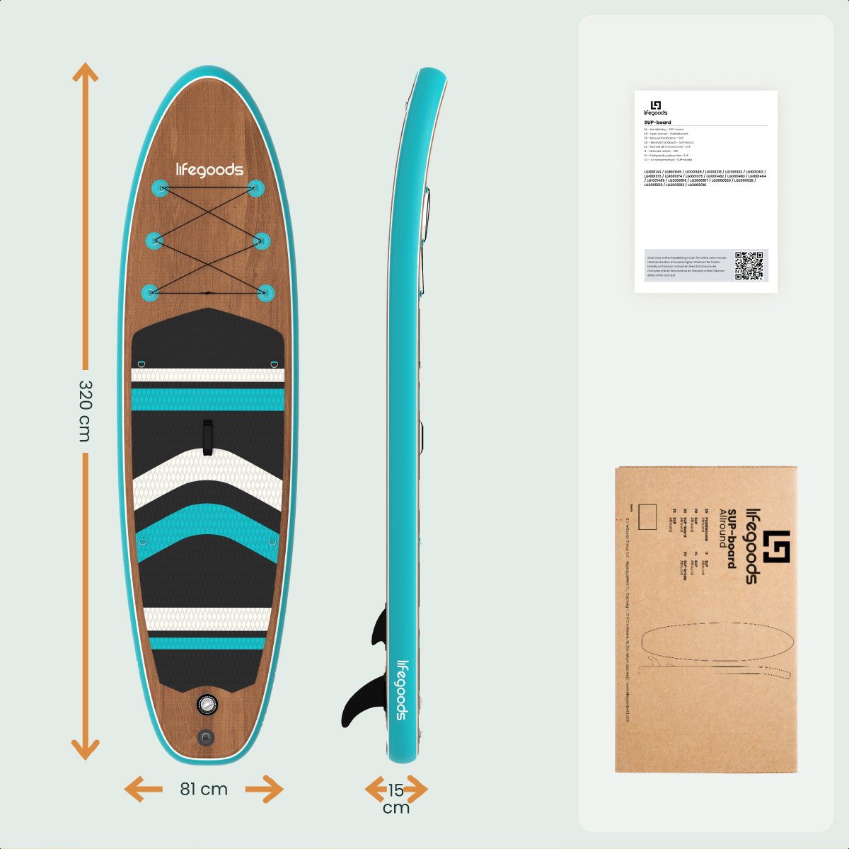 LifeGoods PaddlePro SUP Board - Opblaasbaar Paddle Board - Complete Set - Max. 150KG - 320x81cm - Hout/Blauw – foto 7