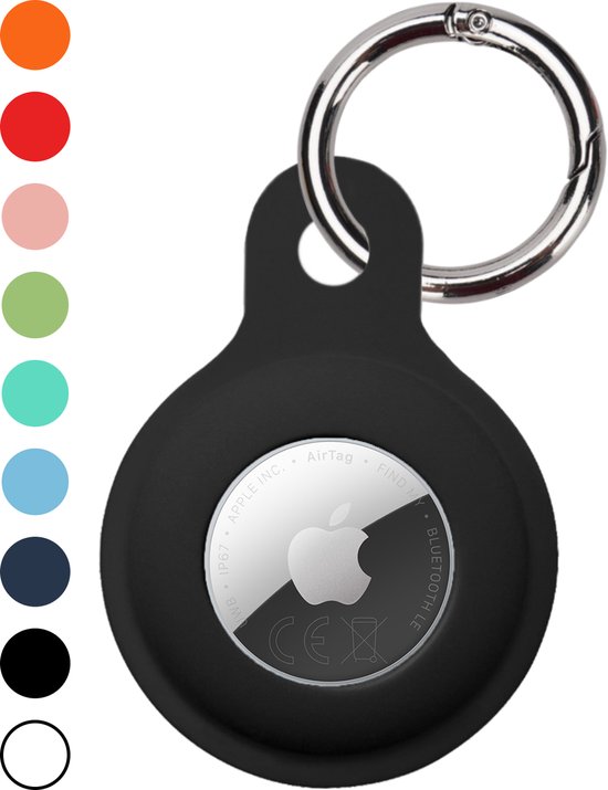 Zwart Apple AirTag hoesje met metalen sleutelring en diverse kleuren opties.