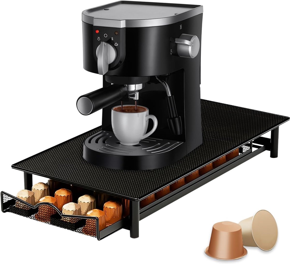 Famanu - Koffiecapsulehouder voor capsule, metalen koffiecapsule-opslag met schuiflade, 36 capsules, grote capaciteit, zwarte capsule-organizer voor keuken (22,5 x 40,5 cm)