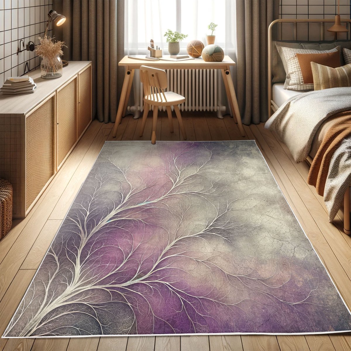ABAKUHAUS Decoratief vloerkleed met takken, boom zonder bladeren, hoogwaardig vloerkleed voor slaapkamer en woonkamer, 60x152 cm, lichtpaarsgrijs