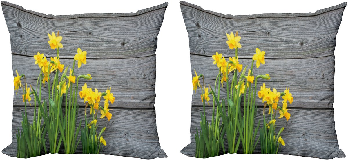 ABAKUHAUS Set van 2 gele bloemenkussenslopen, narcissenboeket, 40 cm, geelgrijs