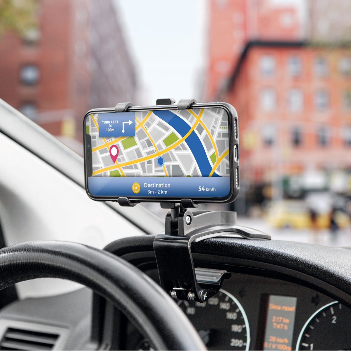 Telefoonhouder - Dashboardmontage - Clipbevestiging achter het stuur - Compatibel met telefoons van 4-7″ (60-100 mm breed) - Verticaal en horizontaal gebruik - Opvouwbaar - Zwart kunststof met rubberen klemmen [55019]
