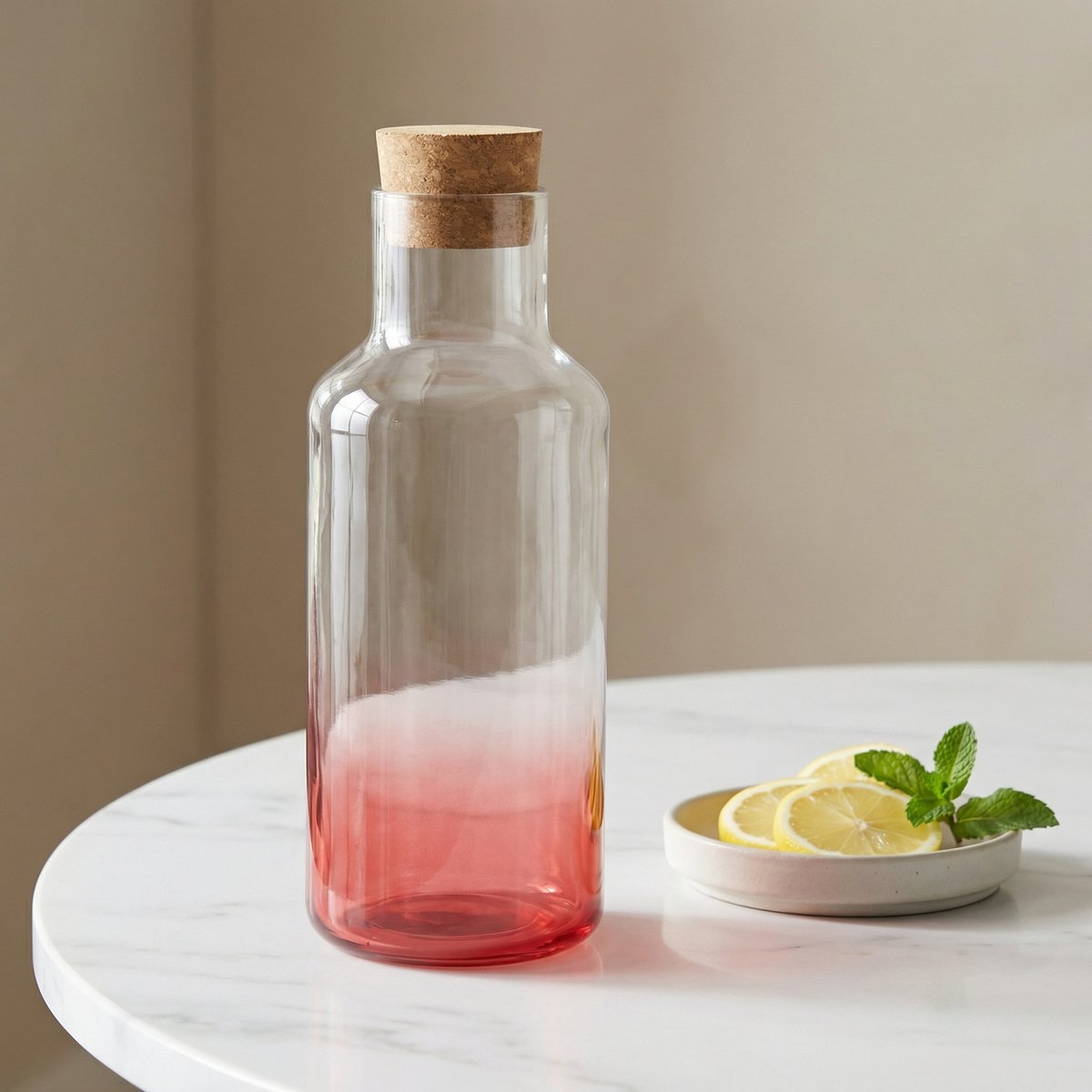 Alpina glazen fles met smoke effect - inhoud 1,2 liter - kurken deksel - ideaal voor het bewaren of serveren van diverse dranken - afmetingen ø9,4 x h27 cm - kleur lichtrood
