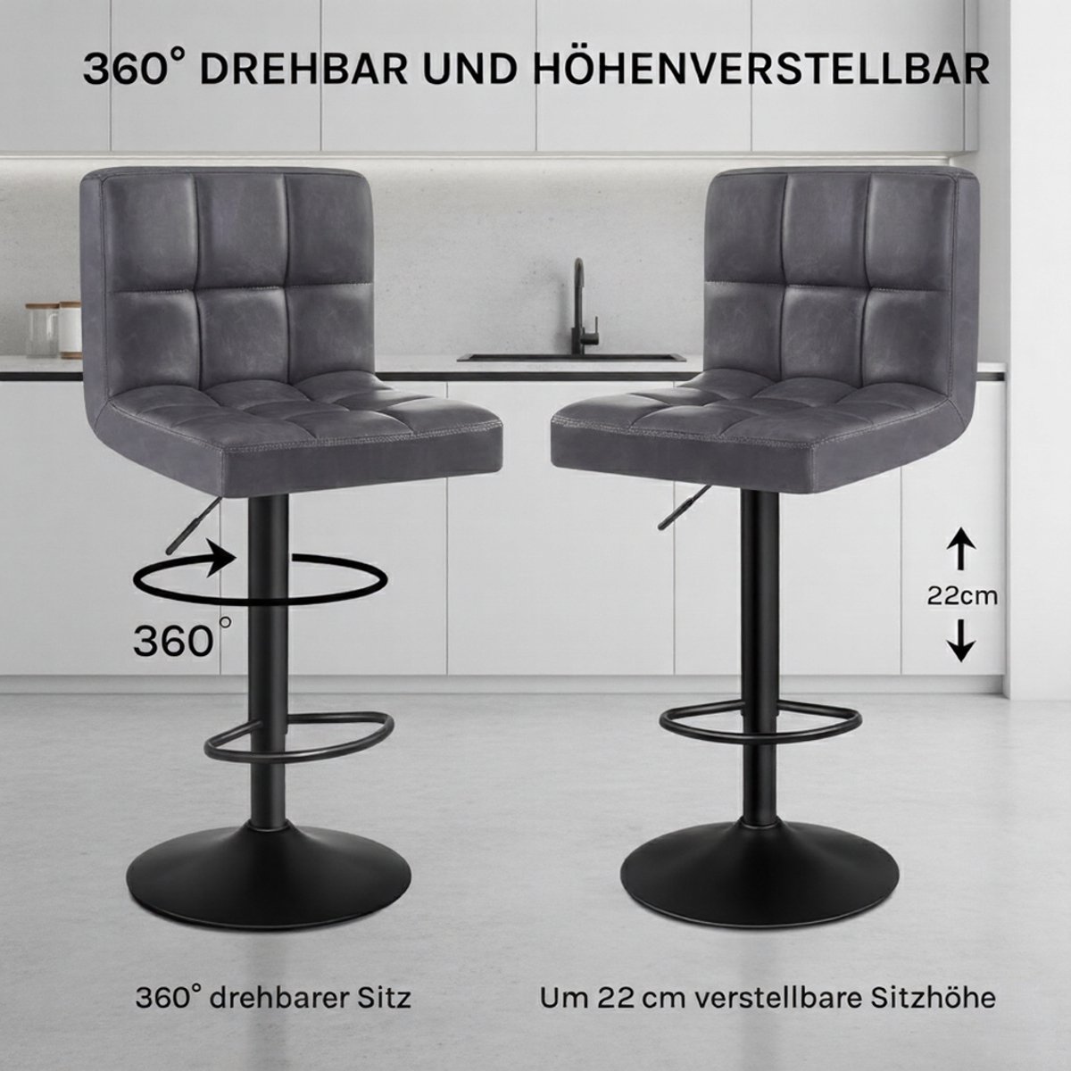 Barkrukken Set van 2 – House&Garden Luxe Draaibaar & Verstelbaar – Met Rugleuning – Kunstleer Antraciet – 360° Draaistoel met Gasveer – Voor Keuken, Bar & Eetkamer