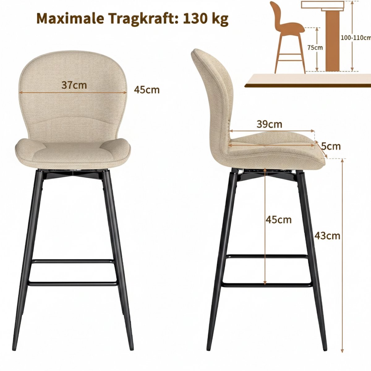 Barkrukken Set 2er – 75 cm Sitzhöhe – 360° Drehbar – Gepolsterter Stoff Barstuhl mit Rückenlehne & Metallgestell – Moderner Tresenstuhl für Küche, Bar & Essbereich – House&Garden Khaki
