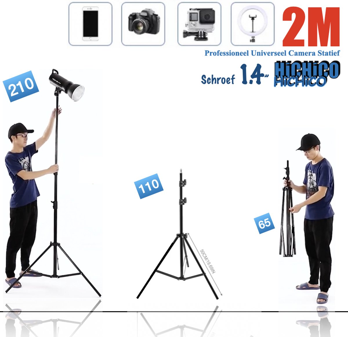 Smartphone Tripod Camera Statief 210 Cm voor fotocamera en telefoon