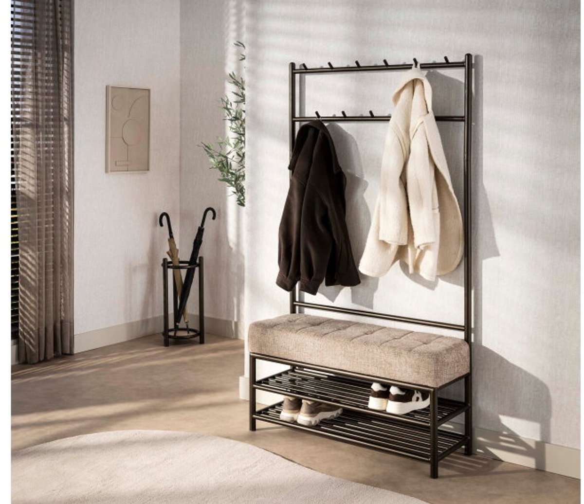Meubelplaats Garderobebank Luno met zitkussen - kapstok - schoenenrek - garderobemeubel – Drift brown - 11-haaks– 100x36x183 cm