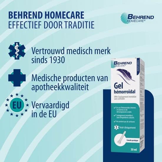 Emballage du Gel hémorroïdaire Behrend Homecare, avec le texte 'Marque médicale de confiance depuis 1930' et logo UE.