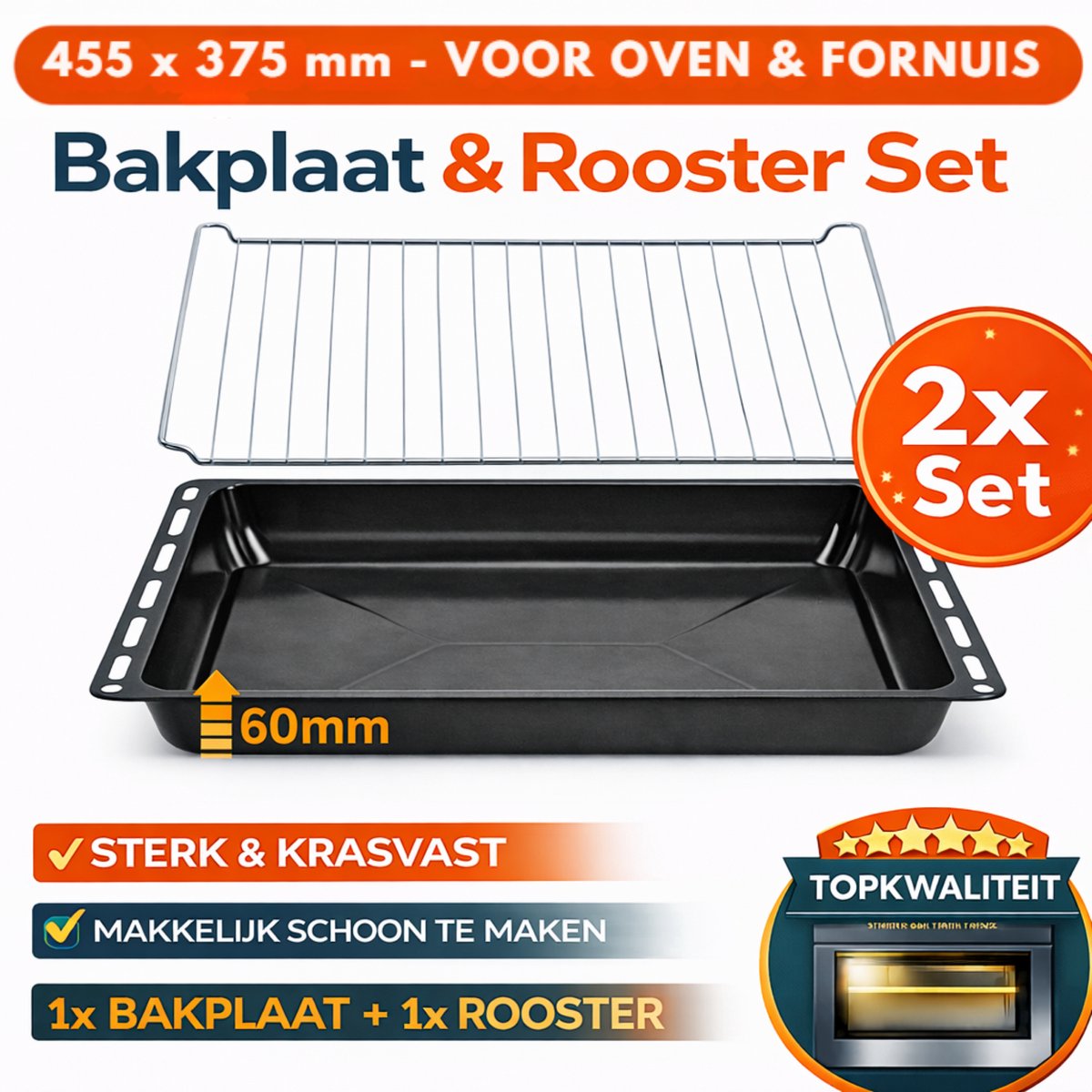 ICQN Extra Diepe Bakplaat en Rooster Set voor Oven - 455x375x60 mm