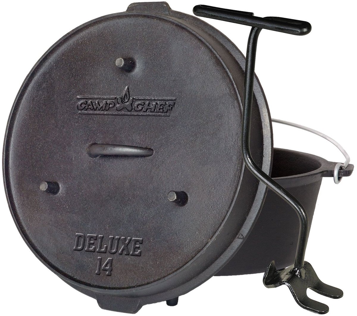 Camp Chef Deluxe Dutch Oven 36cm (14 inch) – Gietijzeren Pan met Pootjes – 7.6L – Inclusief Deksel Lifter – Geschikt voor BBQ, Kampvuur en Oven