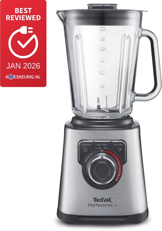 Tefal Perfectmix+ blender in geborsteld RVS met glazen kan en bedieningspaneel. "Best Reviewed JAN 2026".