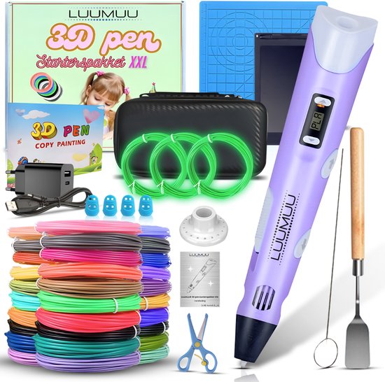 Luumuu 3D pen Starterspakket XXL met paarse pen, vele filamentkleuren, tekenmat, tekentablet, opbergcase, adapter, schroefnaald, schaartje.