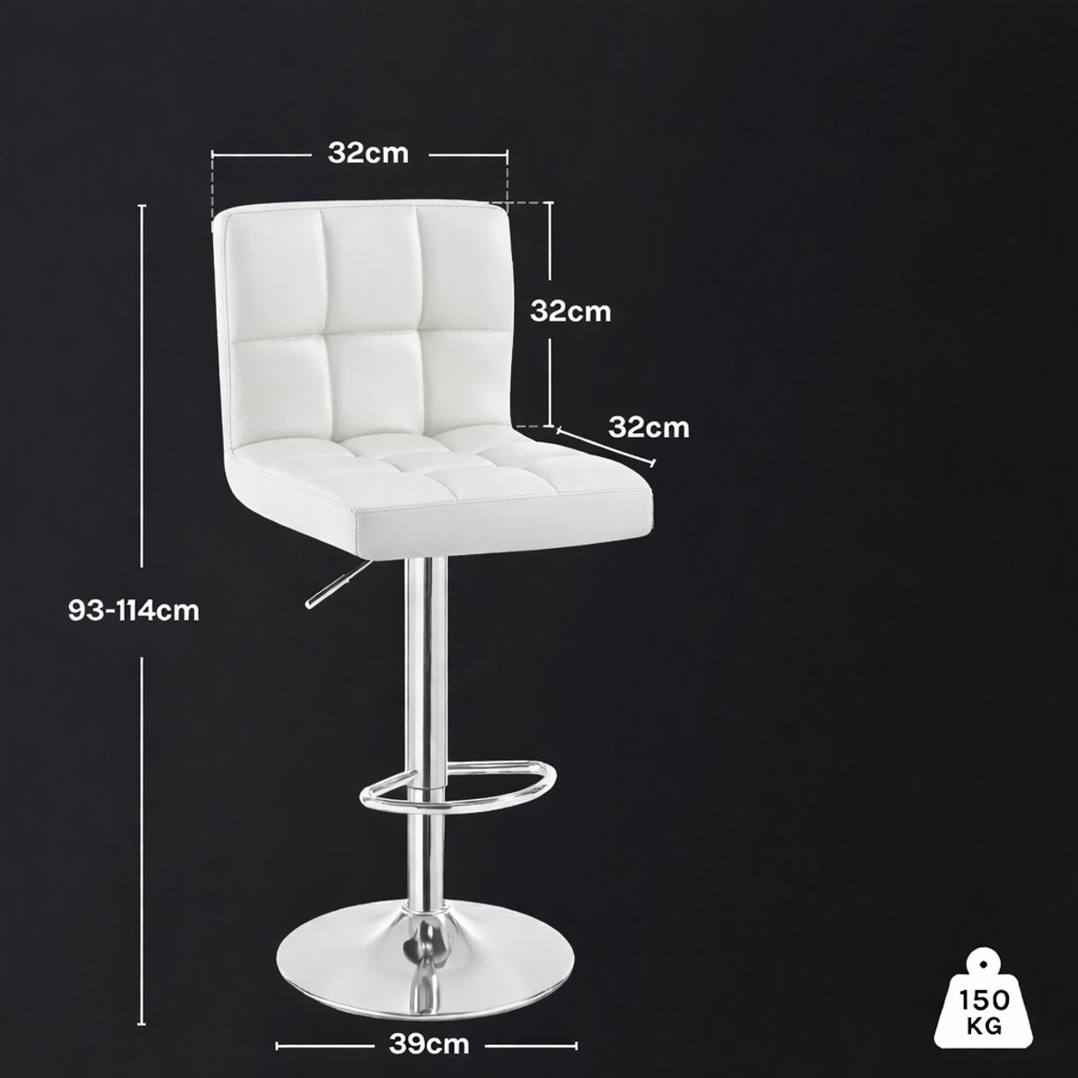 Barkrukken Set van 2 – House&Garden Luxe Witte Barkrukken met Rugleuning – Verstelbaar & Draaibaar – PU Kunstleer – Met Voetensteun en Robuust Metaal – Voor Keuken, Bar, Eetkamer & Huisbar
