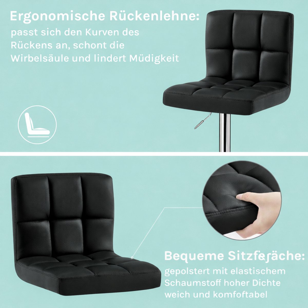 Barkrukken Set van 2 – House&Garden Luxe Zwarte Barkrukken met Rugleuning – Verstelbaar & Draaibaar – PU Kunstleer – Met Voetensteun en Robuust Metaal – Voor Keuken, Bar & Eetkamer