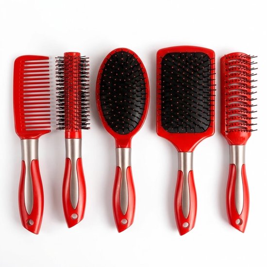 Rood haarborstel set 5 delig voor dames en heren haarborstel en kam set met kunststof pinnen en ergonomische handgreep geschikt voor normaal haar en dagelijks gebruik