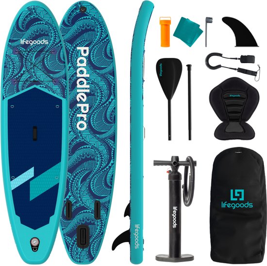 LifeGoods SUP Board Allround Compact - met Zitje - 120 KG Draagkracht - 300 x 76 cm - Opblaasbaar - Compleet SUP pakket - Blauw