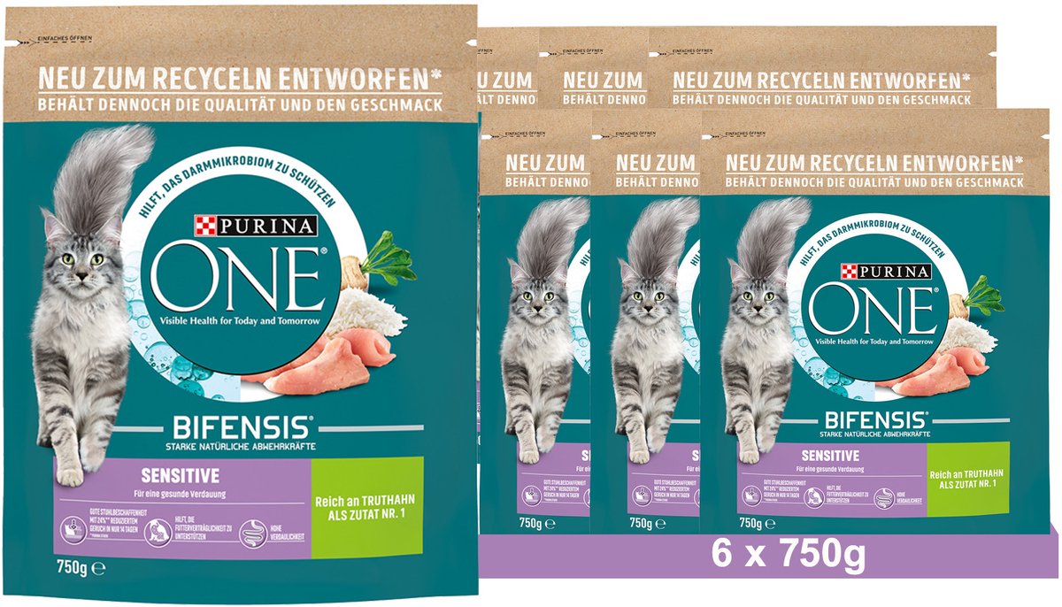 Purina One PURINA ONE BIFENSIS SENSITIVE droogvoer voor katten, rijk aan kalkoen (6 x 750g)