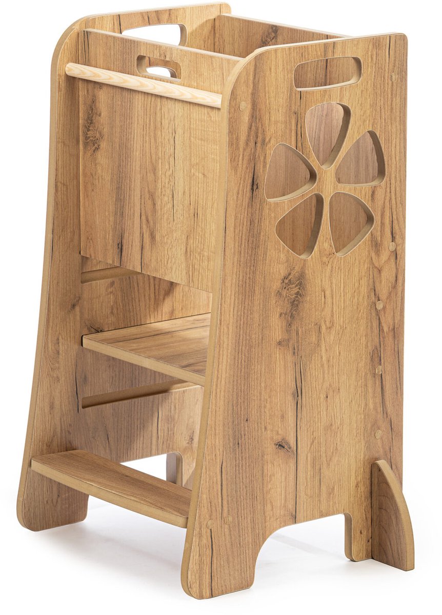 Woodforkids Leertoren met Bloem - Verstelbaar in Hoogte - Gouden Eik - Montessori Keukentoren - EU Productie