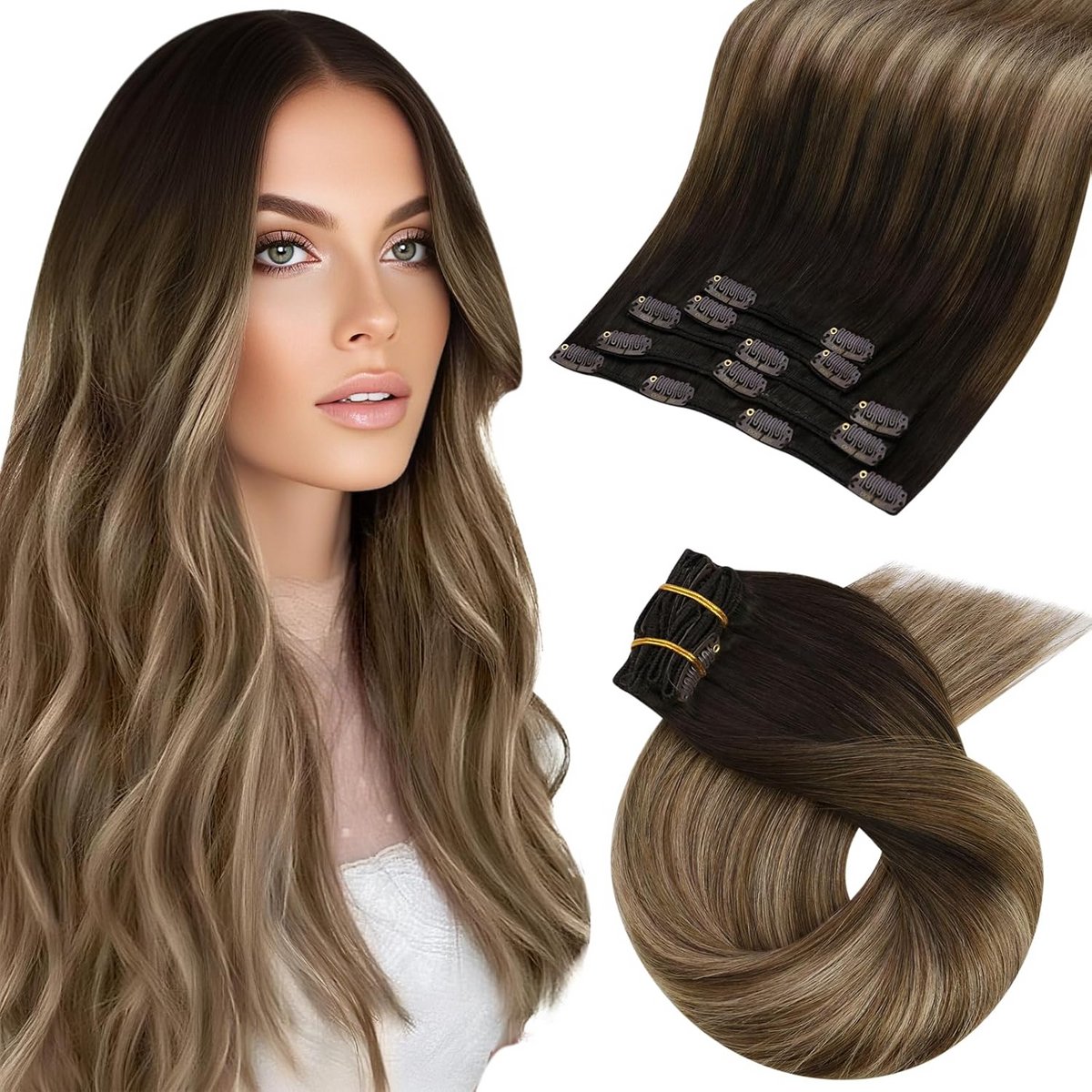 Clip-in Haarverlenging Echt Haar Ombre Bruin naar Blond 50 cm Recht