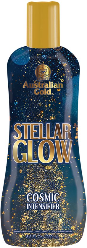 Australian Gold Stellar Glow Cosmic Intensifier fles met gouden dop en een donkerblauwe body versierd met gouden glitters.