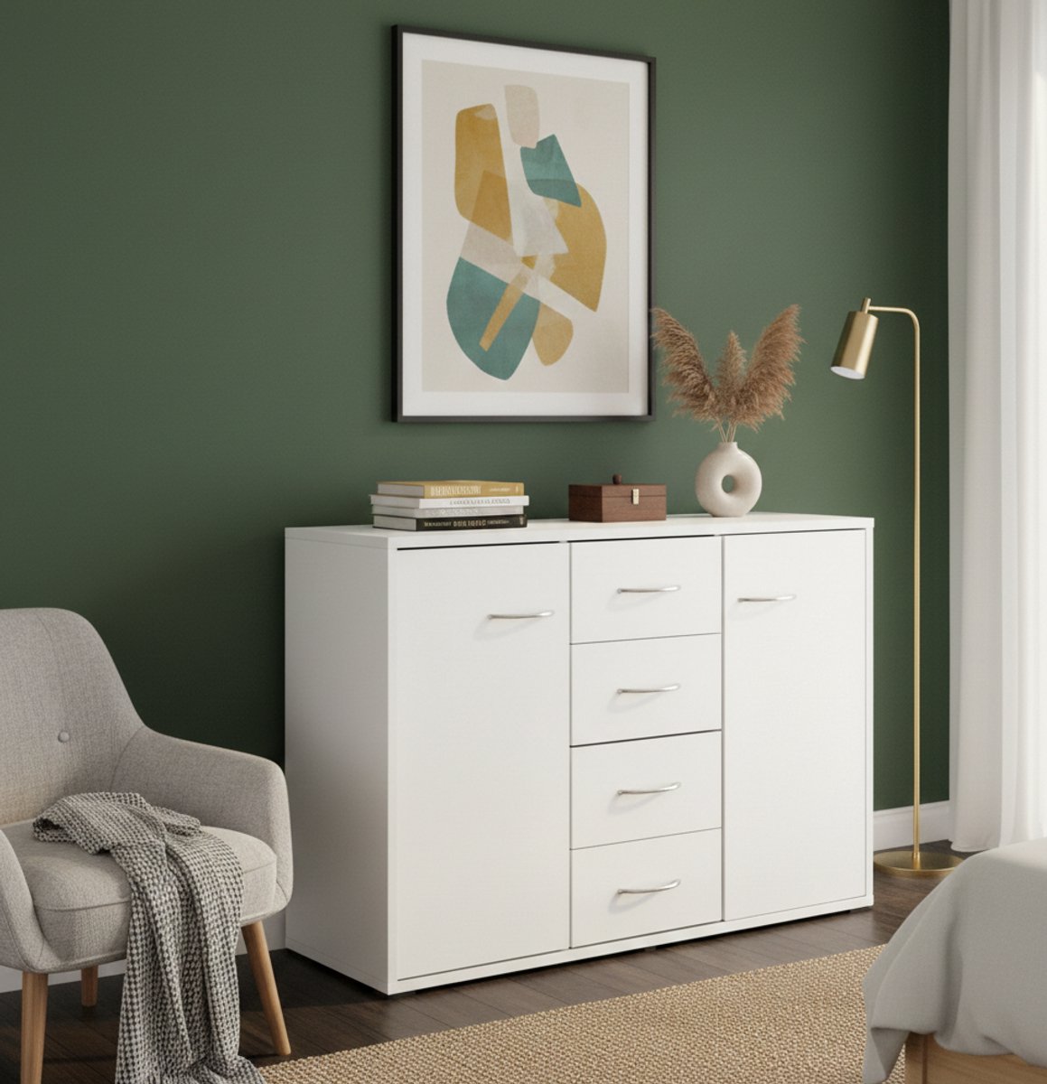 Moderne Commodekast 4 Laden & 2 Deuren – Wit Dressoir voor Woonkamer, Slaapkamer en Hal – Compacte Opbergkast met Veel Ruimte, Robuust en Stijlvol - House&Garden