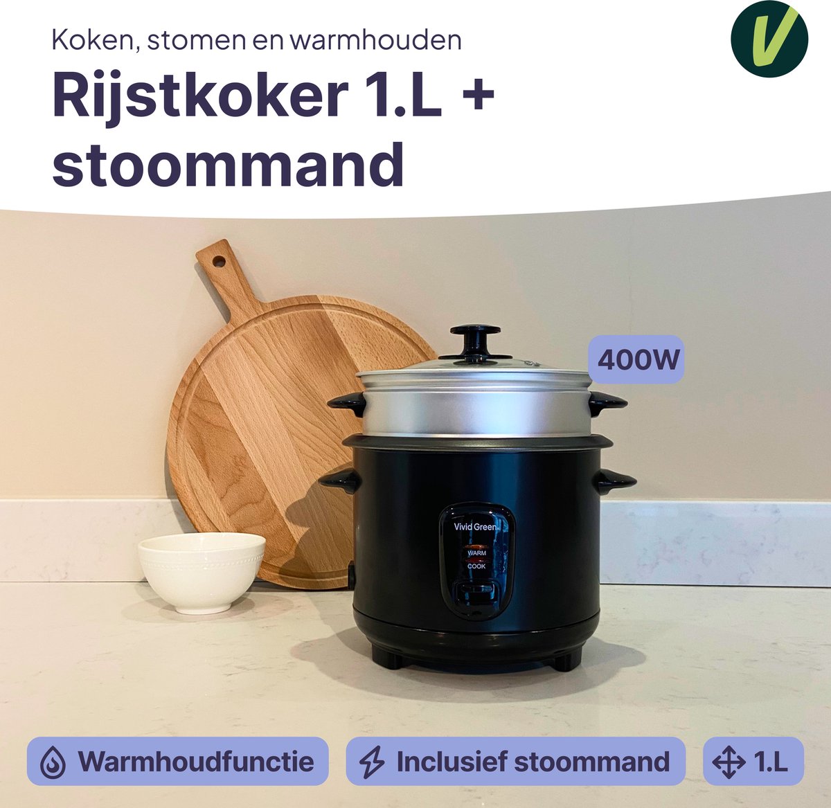Vivid Green Rijstkoker 1L met Stoommand thumbnail 2