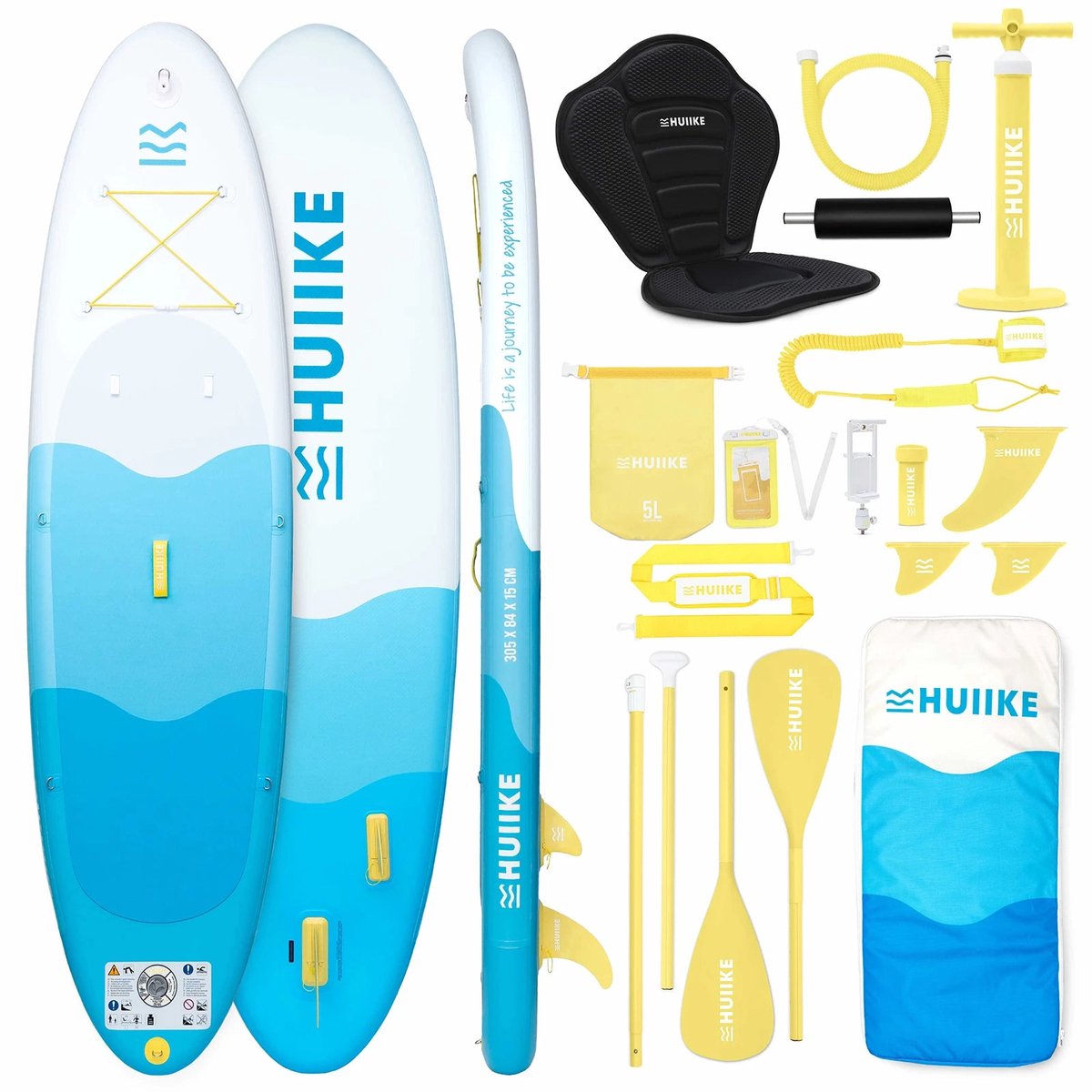 HUIIKE SUP Board - Opblaasbaar Paddle Board met Accessoires, Peddel, Vinnen, Pomp - Stand Up Paddle met Hoge Stabiliteit - 305 x 84 x 15 cm - Max. 130 kg