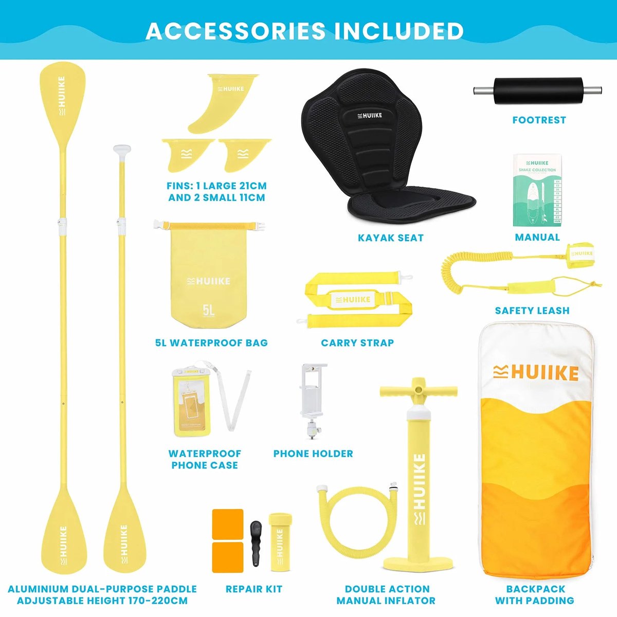 HUIIKE SUP Board - Opblaasbaar Paddle Board met Accessoires, Peddel, Vinnen, Pomp - Stand Up Paddle met Hoge Stabiliteit - 305 x 84 x 15 cm - Max. 130 kg – foto 3