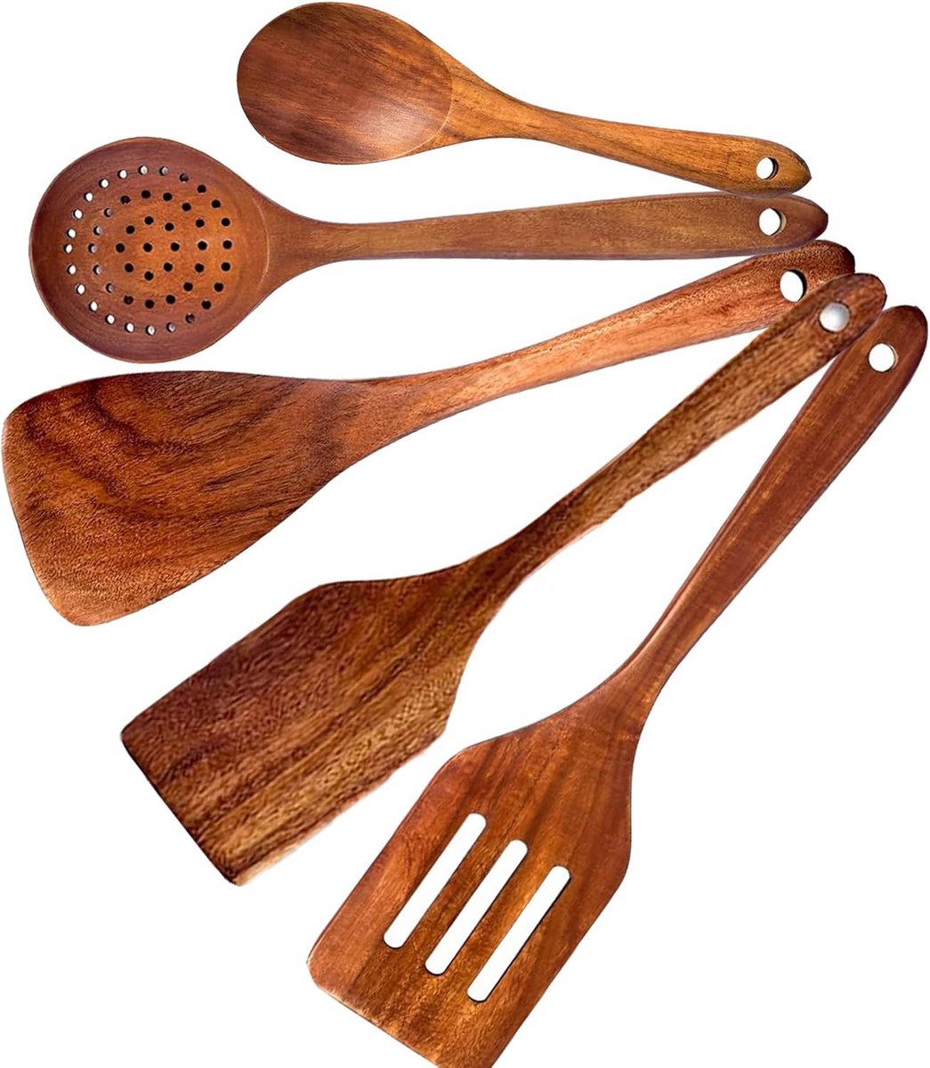 Houten Keukengerei Set: Spatels, Lepels en Turner voor Antiaanbakpan