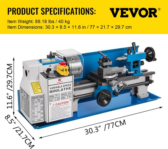 Blauwe minidraaibank met afmetingen: 30.3" / 77CM lengte en 8.5" / 21.7CM breedte. Label 'VEVOR'.