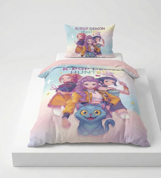 KPop Demon Hunters - Dekbedovertrek - Eenpersoons (140x200 cm) - Anime & Music Thema - Inclusief Kussensloop - Roze/Pastel/Paars