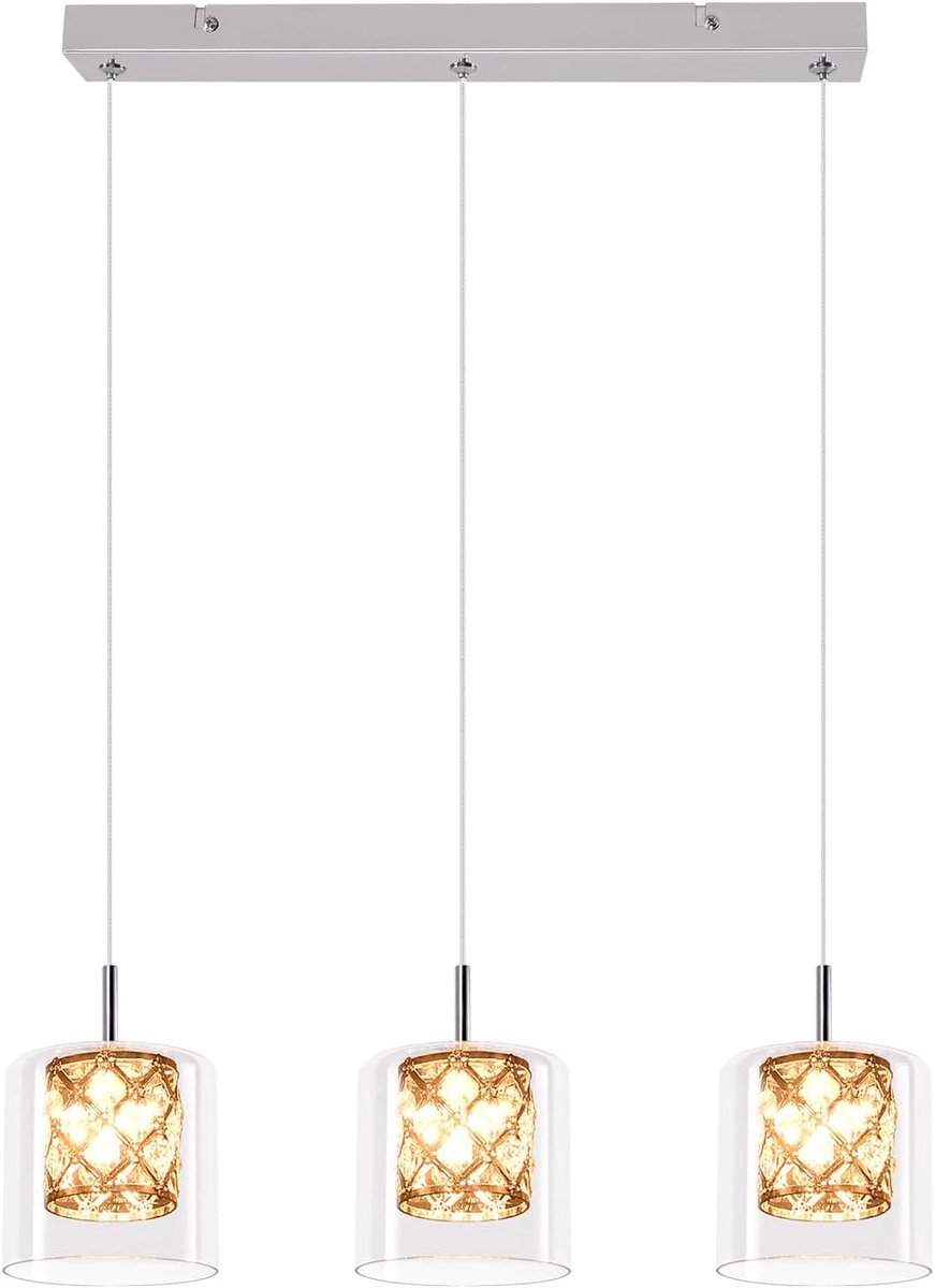 Glitzerlife - Hanglampen - 3xG9 - Hoogte verstelbaar - Modern design - Kristalglas materiaal - Ø48cm - Chroomkleurig - Hanglamp Eetkamer Woonkamer Keuken - Hanglampen Eetkamer Verstelbaar