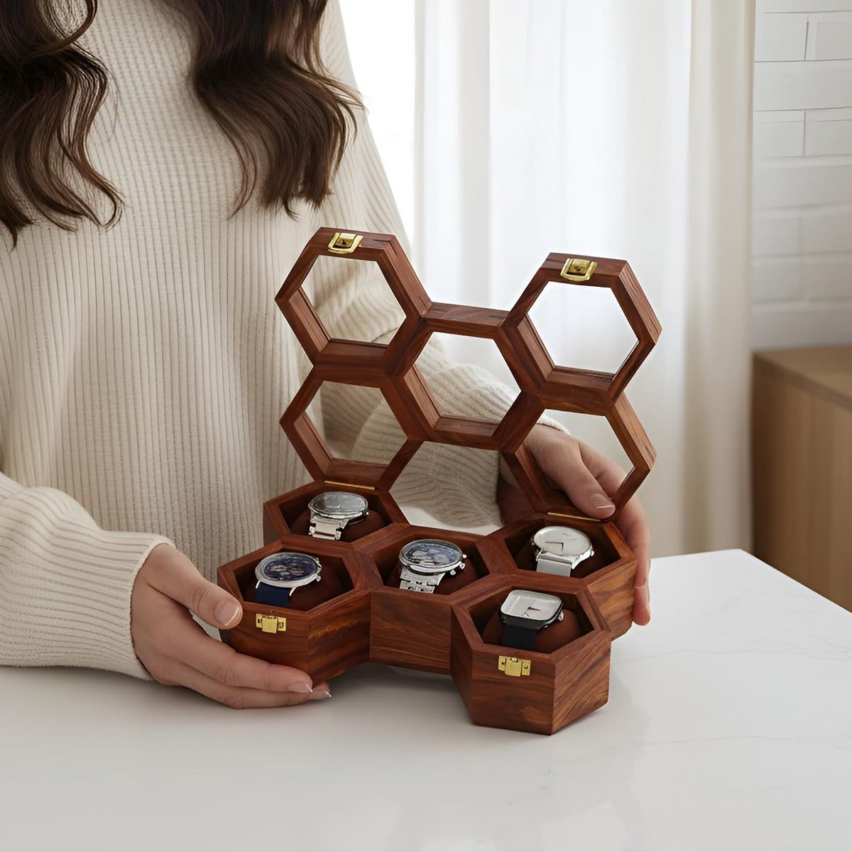 Luxe Houten Horlogedoos voor 5 Horloges - Handgemaakt en Vintage Stijl