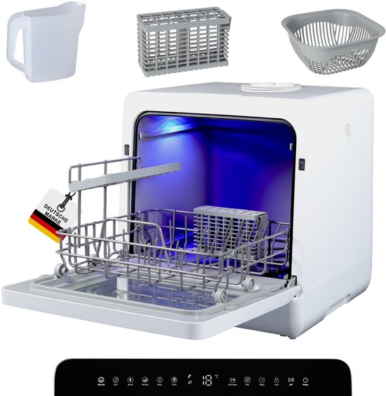 Sommertal SP9 Mini-vaatwasser | Tafelvaatwasser voor 1 tot 5 personen | borden tot 28 cm | 10+1 functies | Kleine compacte vaatwasser | vrijstaand, led, touch, 5 l waterreservoir & vaste aansluiting [energieklasse D]