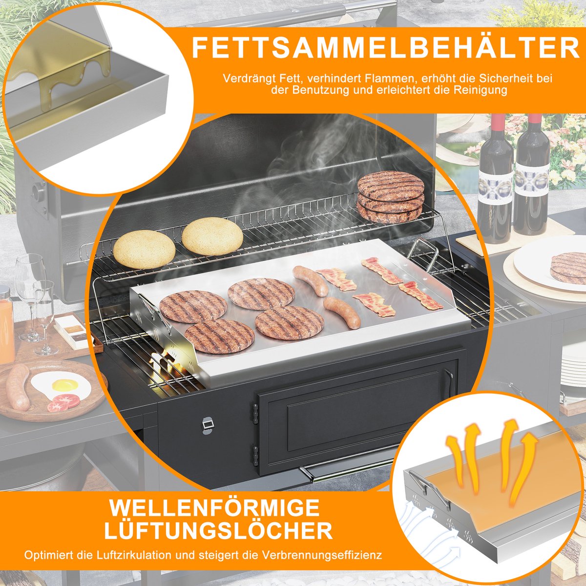Froadp Plancha-grillplaat 47x32x7cm - Roestvrijstalen grillplaat voor gas & houtskool, met grillspatel & schraper - Roestvrij, hittebestendig - Universeel voor BBQ, steak, groenten (met handvat)