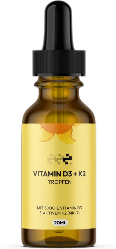 Bruine fles met gele sticker met de tekst VITAMIN D3 + K2 TROPFEN.